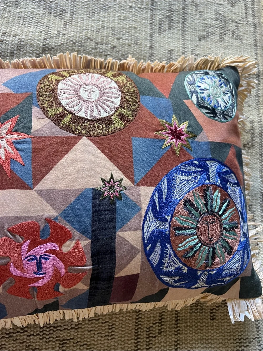 Christian Lacroix Multicolor Embroidered Sun Motif Pillow with Fringe